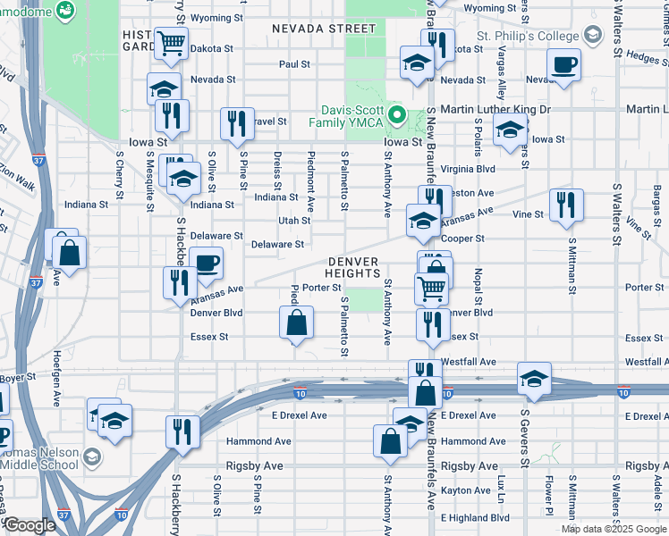 map of restaurants, bars, coffee shops, grocery stores, and more near 120 Delmar Street in San Antonio