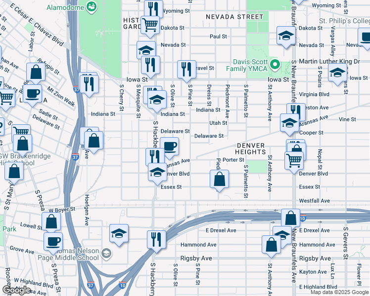 map of restaurants, bars, coffee shops, grocery stores, and more near 1013 South Pine Street in San Antonio