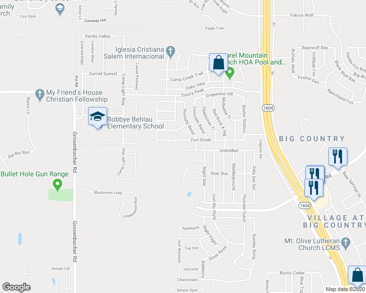 map of restaurants, bars, coffee shops, grocery stores, and more near 2327 Hornsby Bend in San Antonio