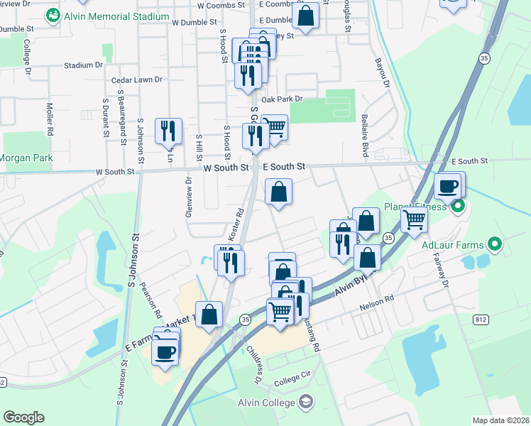 map of restaurants, bars, coffee shops, grocery stores, and more near 1905 Mustang Road in Alvin