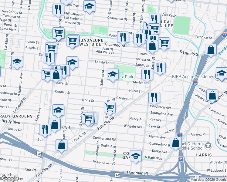 map of restaurants, bars, coffee shops, grocery stores, and more near 323 Hazel Street in San Antonio
