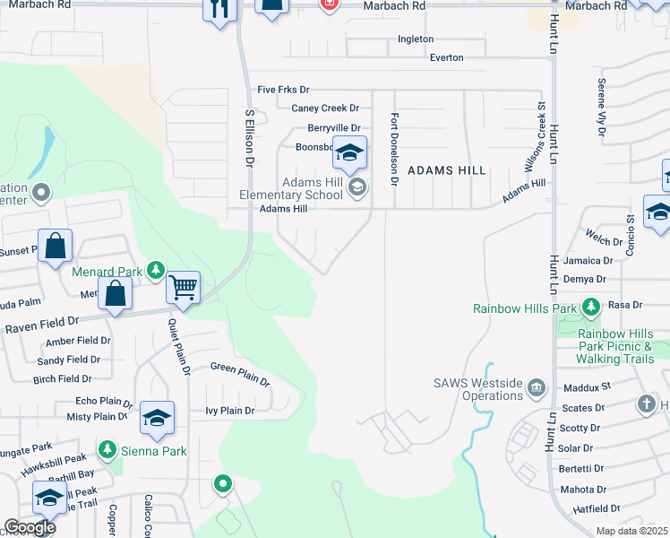 map of restaurants, bars, coffee shops, grocery stores, and more near 2162 Mossy Creek Drive in San Antonio