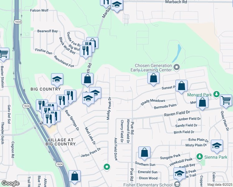 map of restaurants, bars, coffee shops, grocery stores, and more near 2326 Pue Rd in San Antonio