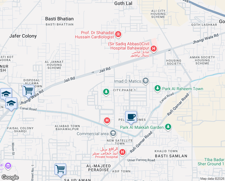 map of restaurants, bars, coffee shops, grocery stores, and more near Jhangi Wala Road in Bahawalpur