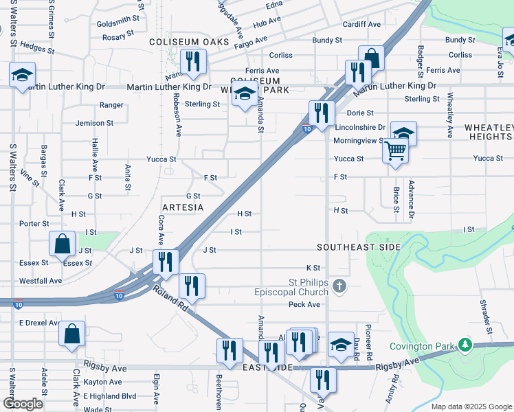 map of restaurants, bars, coffee shops, grocery stores, and more near 638 G Street in San Antonio