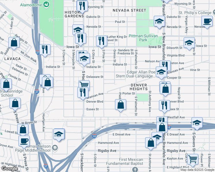 map of restaurants, bars, coffee shops, grocery stores, and more near 1235 Florida Street in San Antonio