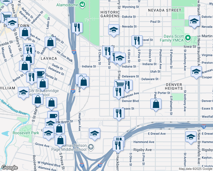 map of restaurants, bars, coffee shops, grocery stores, and more near 1115 South Mesquite in San Antonio