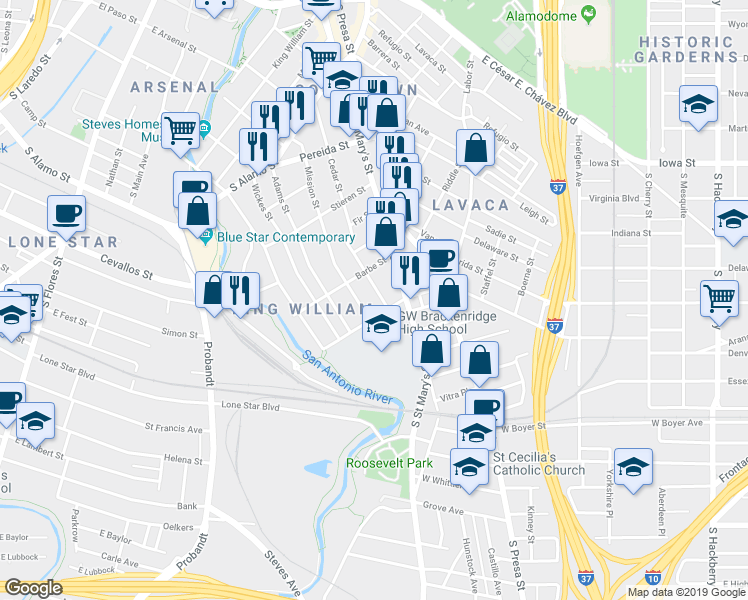 map of restaurants, bars, coffee shops, grocery stores, and more near 611 Cedar Street in San Antonio