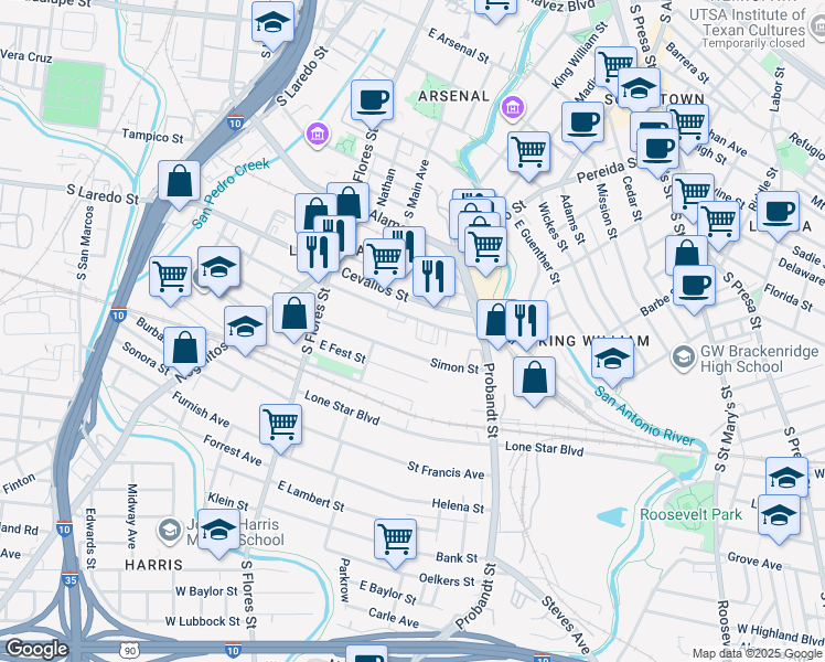 map of restaurants, bars, coffee shops, grocery stores, and more near 316 East Cevallos Street in San Antonio