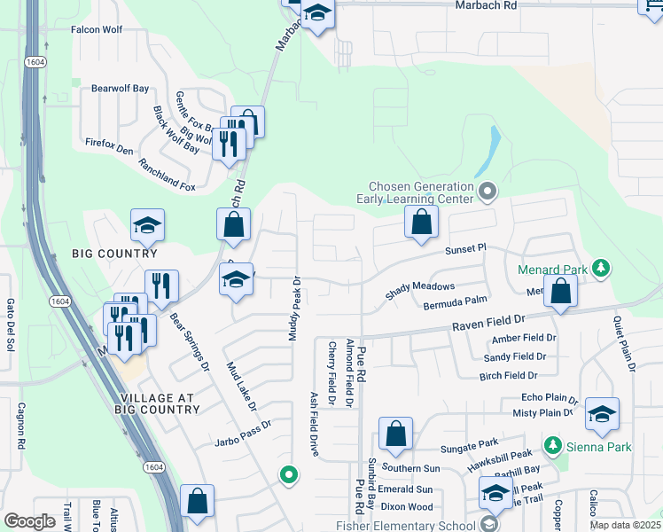 map of restaurants, bars, coffee shops, grocery stores, and more near 2326 Pue Rd in San Antonio