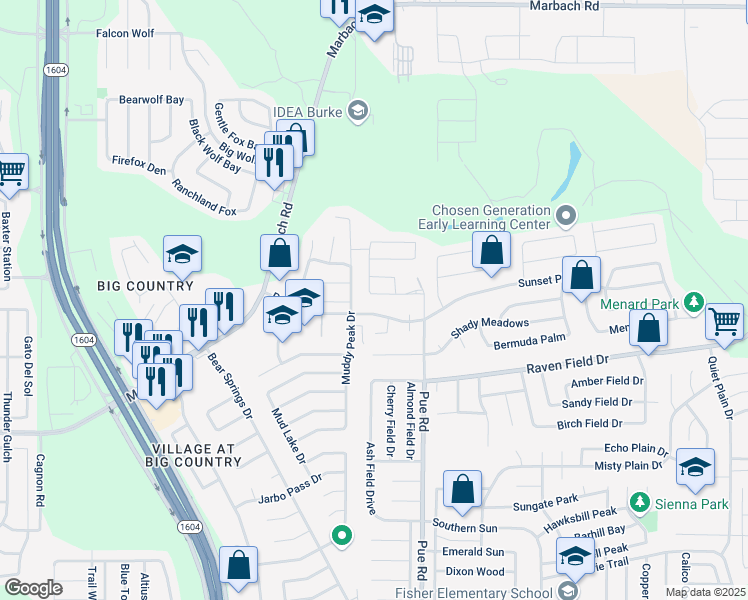 map of restaurants, bars, coffee shops, grocery stores, and more near 2326 Pue Rd in San Antonio