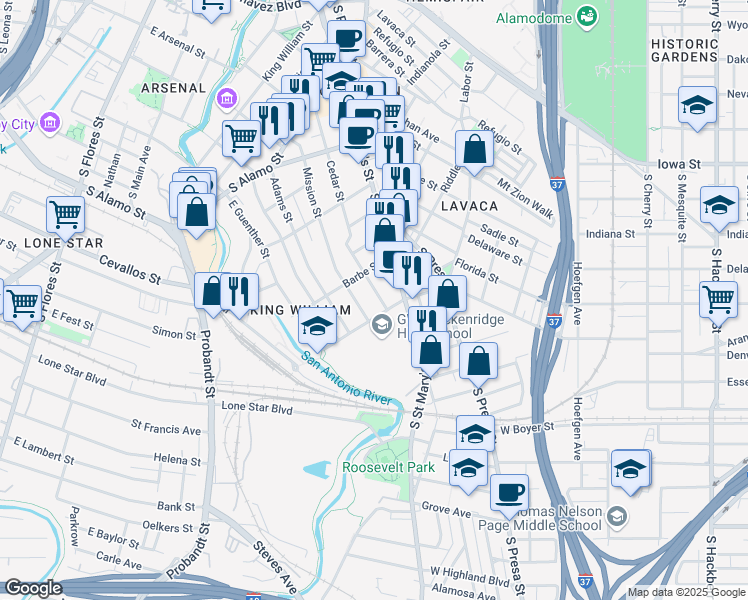 map of restaurants, bars, coffee shops, grocery stores, and more near 631 Cedar Street in San Antonio