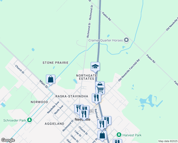 map of restaurants, bars, coffee shops, grocery stores, and more near 2705 Richmond Street in Needville