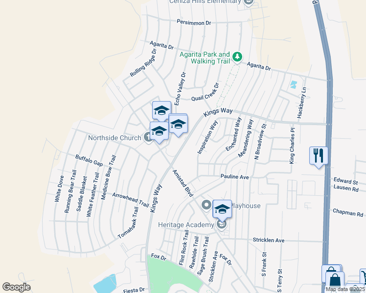 map of restaurants, bars, coffee shops, grocery stores, and more near 709 Kings Way in Del Rio