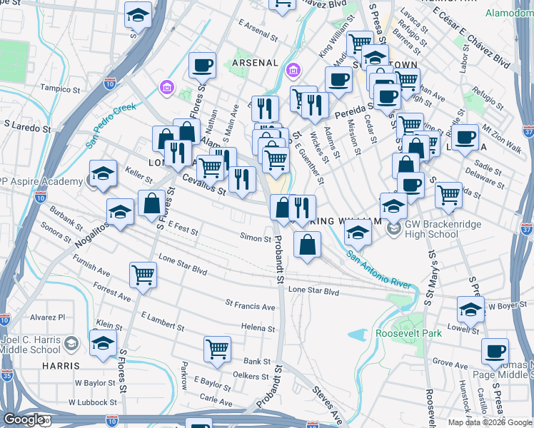 map of restaurants, bars, coffee shops, grocery stores, and more near 117 Probandt in San Antonio