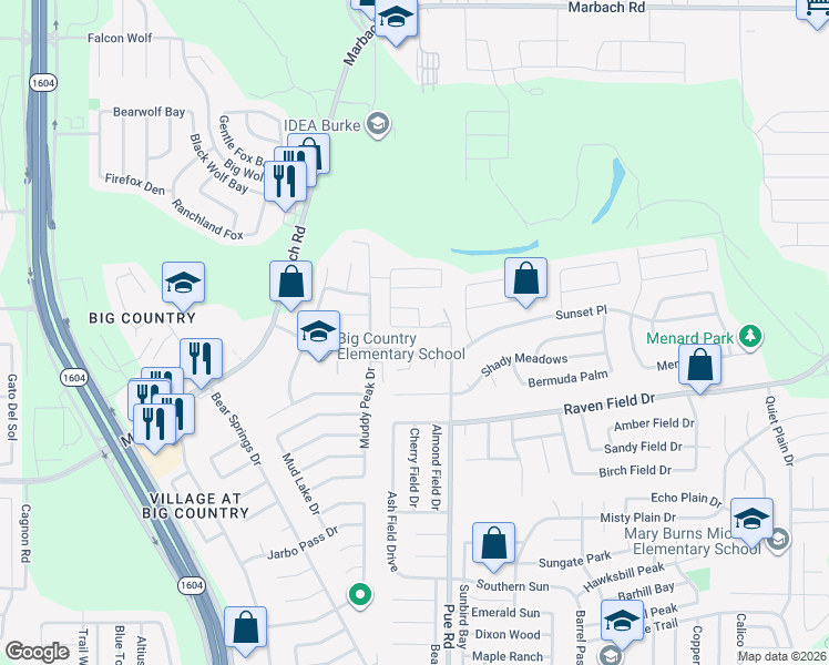 map of restaurants, bars, coffee shops, grocery stores, and more near 2326 Pue Rd in San Antonio