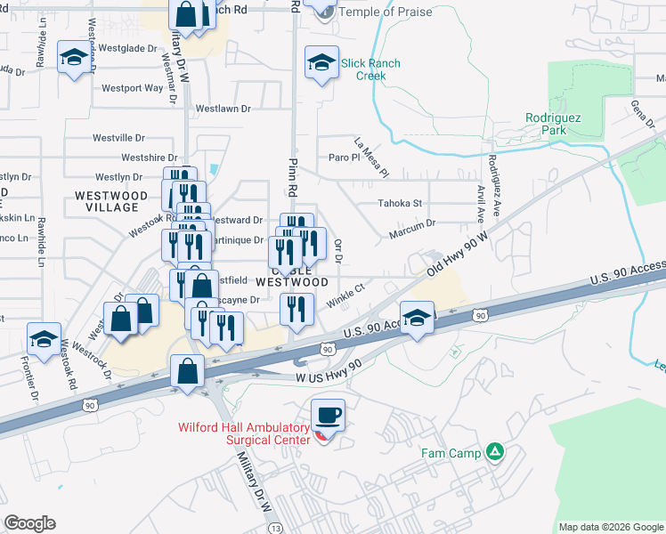 map of restaurants, bars, coffee shops, grocery stores, and more near 2315 Orr Drive in San Antonio