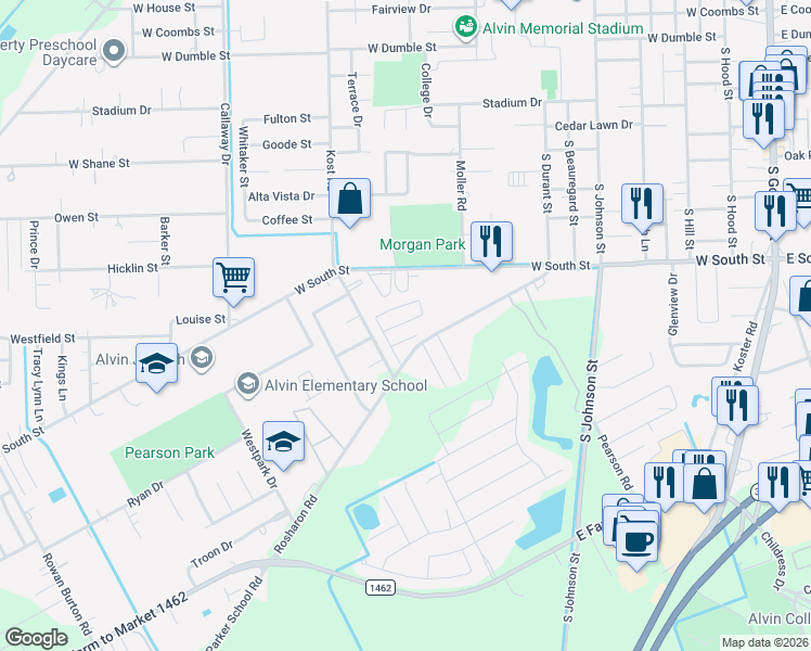 map of restaurants, bars, coffee shops, grocery stores, and more near 1600 Rosharon Road in Alvin