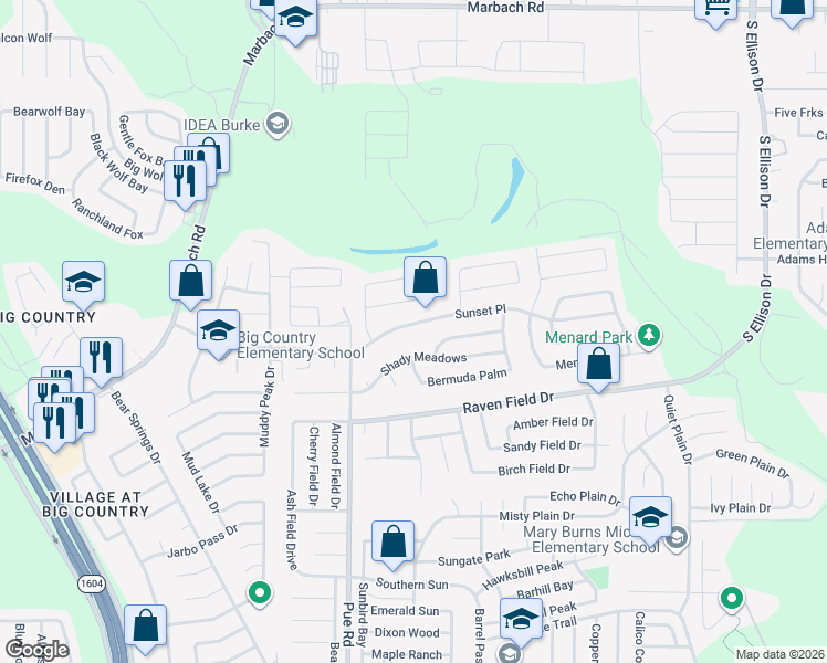 map of restaurants, bars, coffee shops, grocery stores, and more near 10115 Sunset Place in San Antonio