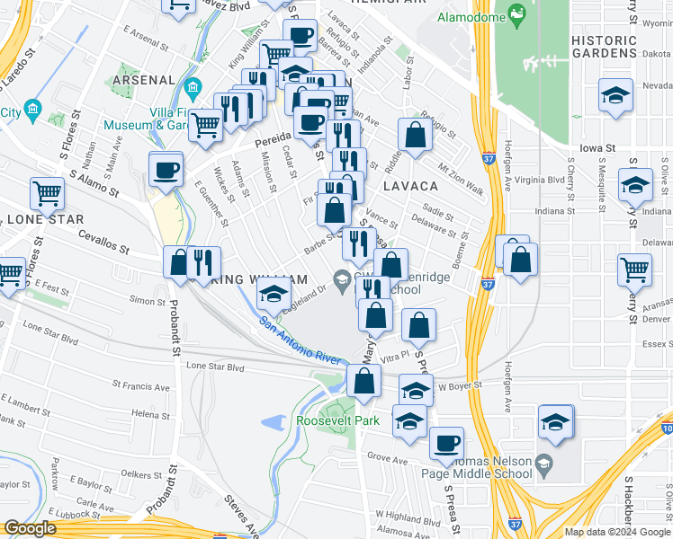 map of restaurants, bars, coffee shops, grocery stores, and more near 638 Cedar Street in San Antonio