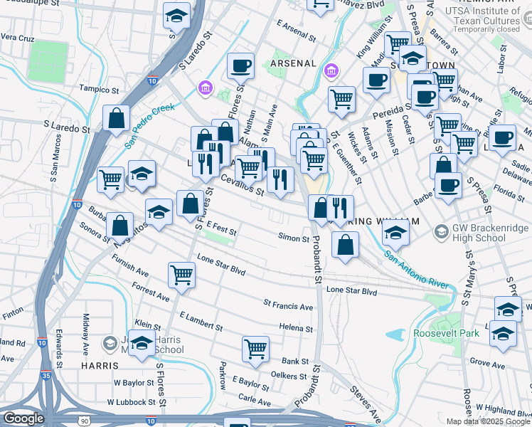 map of restaurants, bars, coffee shops, grocery stores, and more near 316 East Cevallos Street in San Antonio