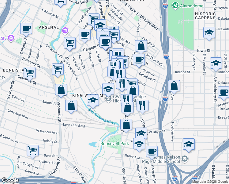 map of restaurants, bars, coffee shops, grocery stores, and more near 1423 South Saint Mary's Street in San Antonio