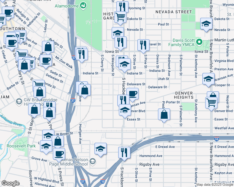 map of restaurants, bars, coffee shops, grocery stores, and more near 1115 South Hackberry in San Antonio