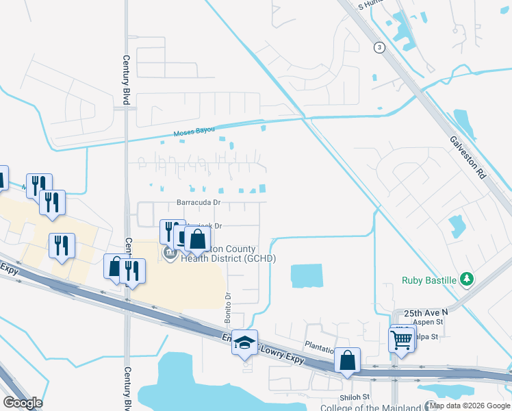 map of restaurants, bars, coffee shops, grocery stores, and more near 8922 Barracuda Drive in Texas City