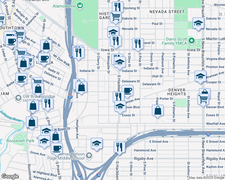 map of restaurants, bars, coffee shops, grocery stores, and more near 1115 South Hackberry in San Antonio