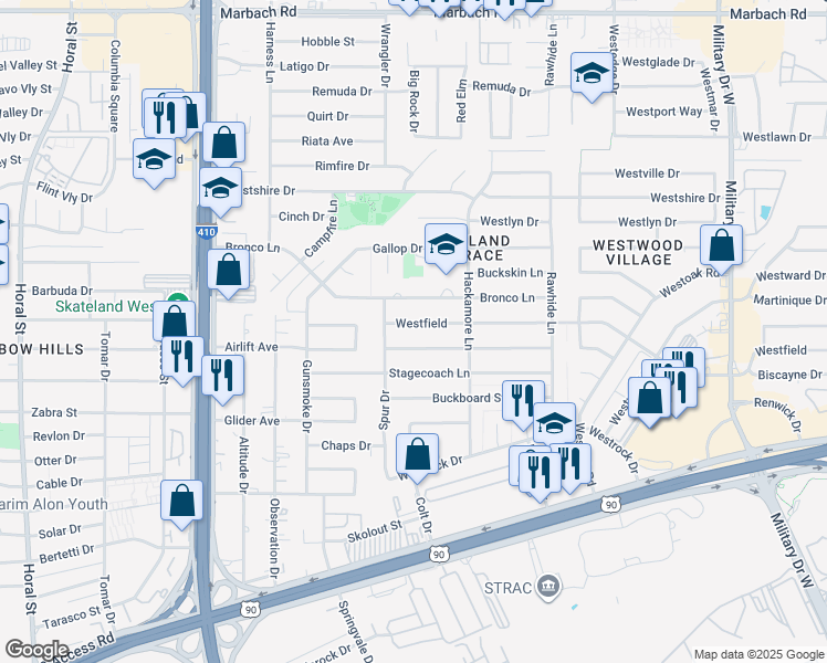 map of restaurants, bars, coffee shops, grocery stores, and more near 7711 Westfield in San Antonio