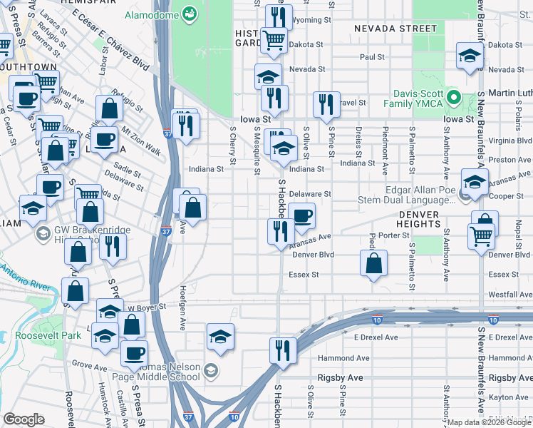 map of restaurants, bars, coffee shops, grocery stores, and more near 1115 South Hackberry in San Antonio