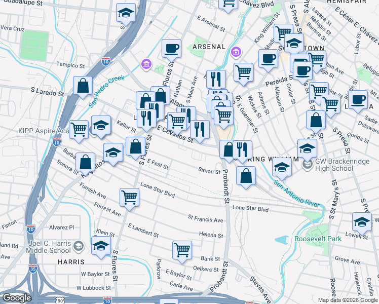 map of restaurants, bars, coffee shops, grocery stores, and more near 316 East Cevallos Street in San Antonio