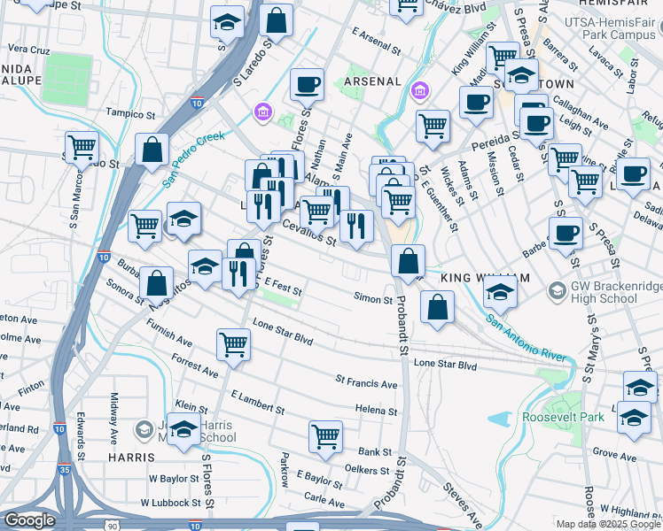 map of restaurants, bars, coffee shops, grocery stores, and more near 302 Clay in San Antonio