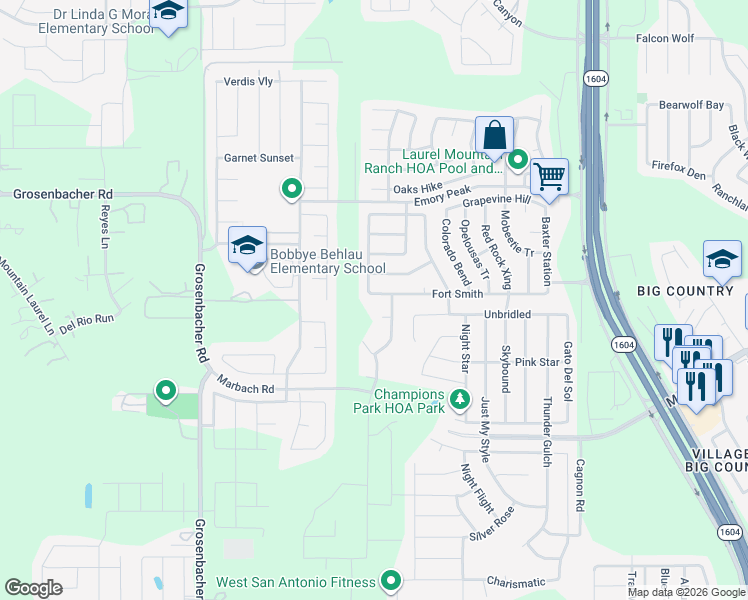map of restaurants, bars, coffee shops, grocery stores, and more near 2339 Rosillos Peak in San Antonio
