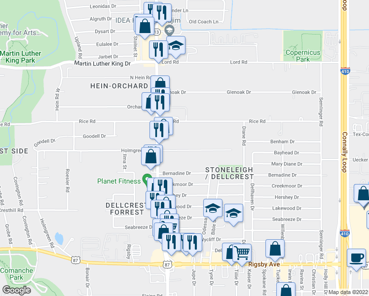 map of restaurants, bars, coffee shops, grocery stores, and more near 853 Holmgreen Road in San Antonio