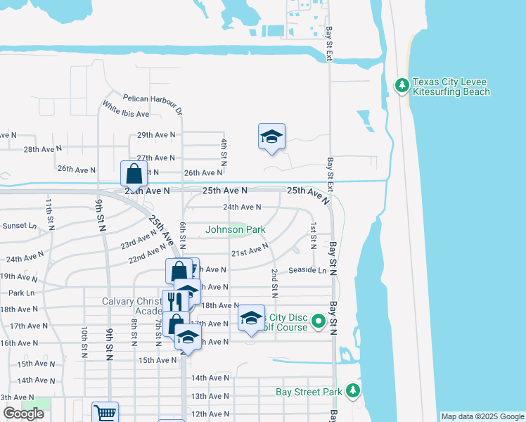map of restaurants, bars, coffee shops, grocery stores, and more near 216 24th Avenue North in Texas City