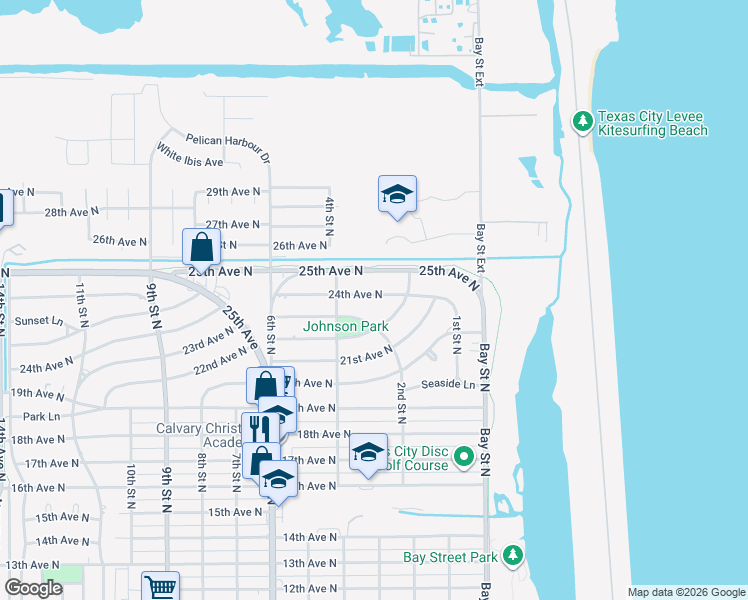 map of restaurants, bars, coffee shops, grocery stores, and more near 332 24th Avenue North in Texas City