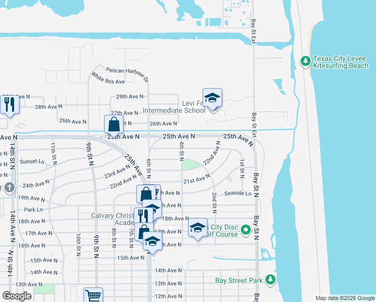 map of restaurants, bars, coffee shops, grocery stores, and more near 332 24th Avenue North in Texas City