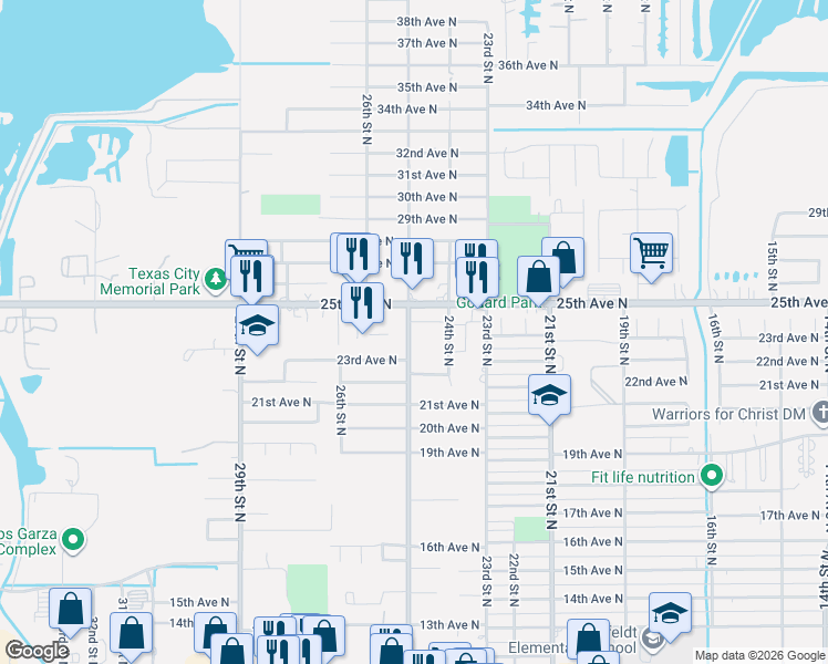 map of restaurants, bars, coffee shops, grocery stores, and more near 2226 25th Avenue North in Texas City