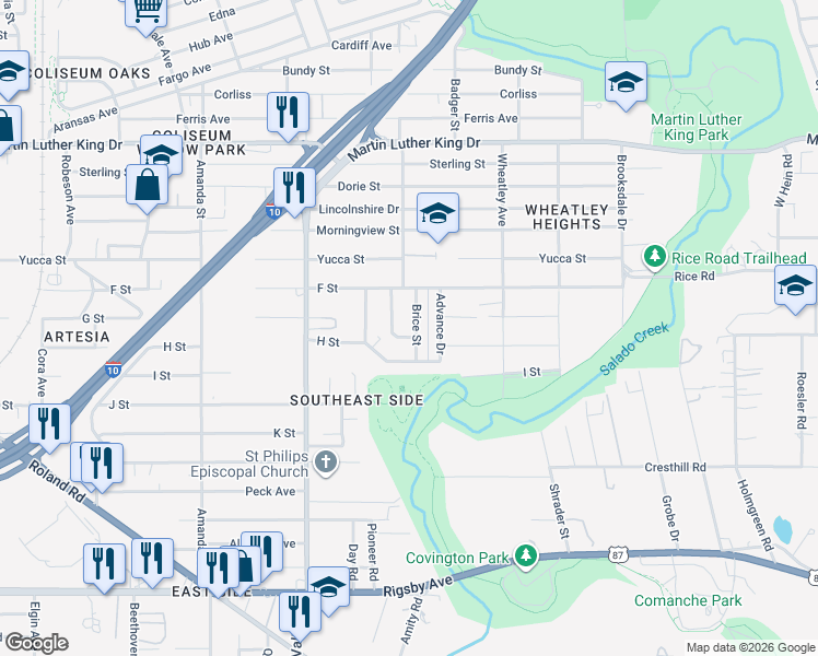 map of restaurants, bars, coffee shops, grocery stores, and more near 1623 Brice Street in San Antonio