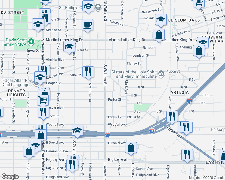 map of restaurants, bars, coffee shops, grocery stores, and more near 438 Vine Street in San Antonio