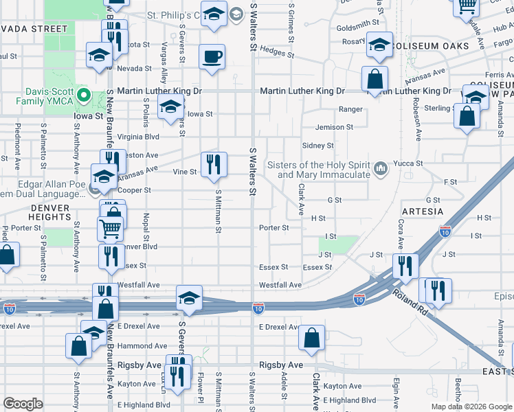 map of restaurants, bars, coffee shops, grocery stores, and more near 546 Cooper Street in San Antonio