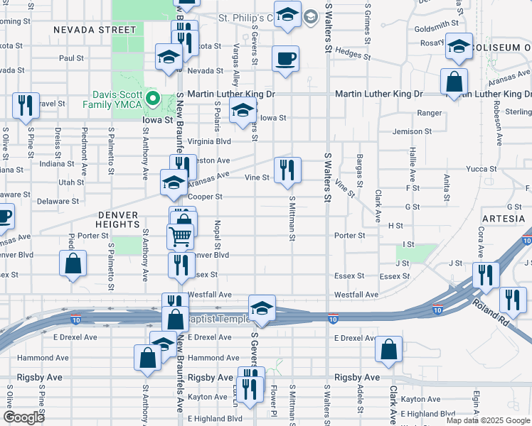 map of restaurants, bars, coffee shops, grocery stores, and more near 426 Cooper Street in San Antonio