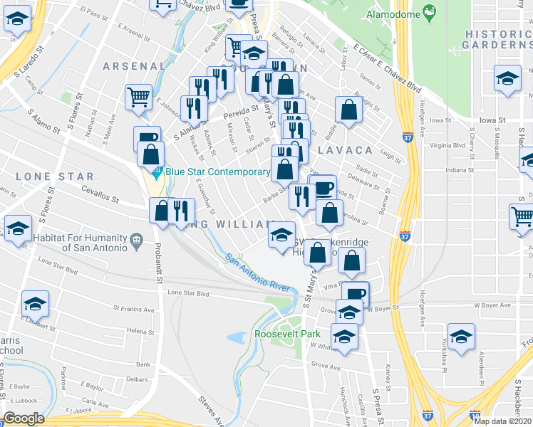 map of restaurants, bars, coffee shops, grocery stores, and more near 611 Cedar Street in San Antonio