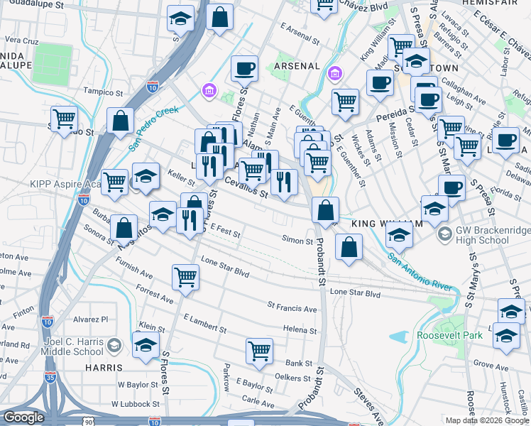 map of restaurants, bars, coffee shops, grocery stores, and more near 302 Clay in San Antonio