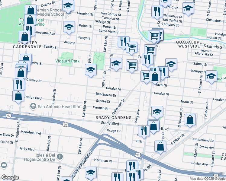 map of restaurants, bars, coffee shops, grocery stores, and more near 918 Ceralvo Street in San Antonio
