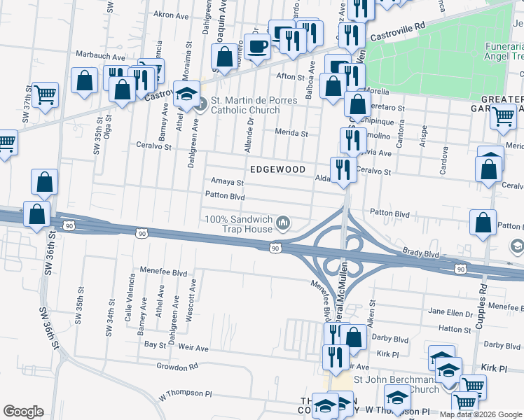 map of restaurants, bars, coffee shops, grocery stores, and more near 1114 Patton Boulevard in San Antonio