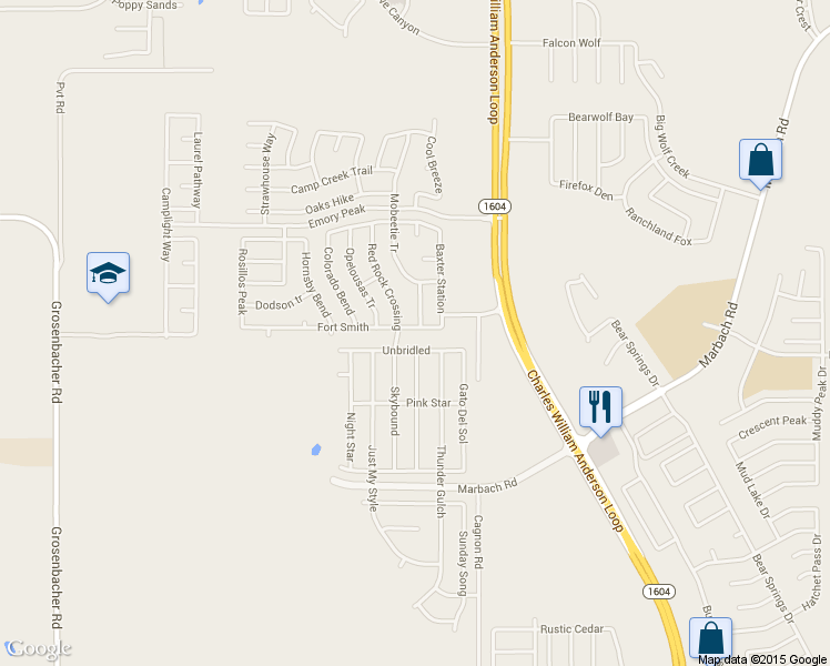 map of restaurants, bars, coffee shops, grocery stores, and more near 2339 Baxter Station in San Antonio