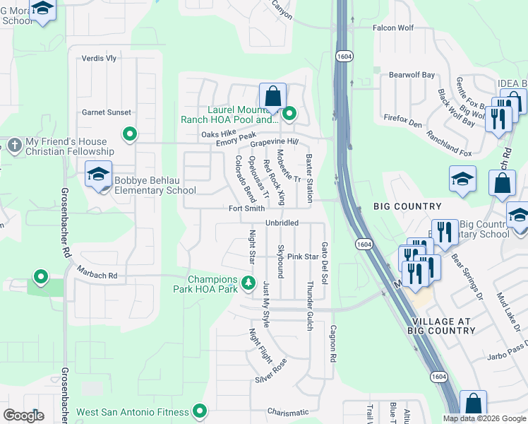 map of restaurants, bars, coffee shops, grocery stores, and more near 2262 Colorado Bend in San Antonio