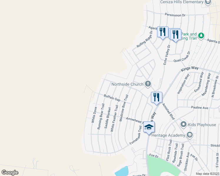 map of restaurants, bars, coffee shops, grocery stores, and more near 102 Running Bear Trail in Del Rio